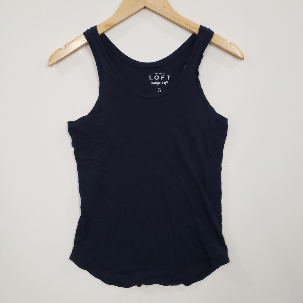 Ann Taylor LOFT Vintage Soft Navy‎ Blue Racerback Tank Top XS Cotton Scoop Neck